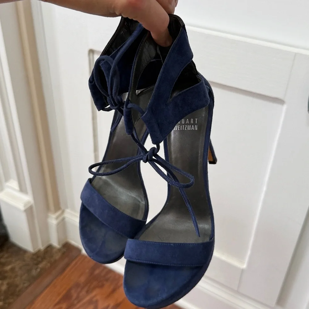 Stuart Weitzman Blue Suede Platform Heels 7.5 Made in Spain Lace-Up Stiletto